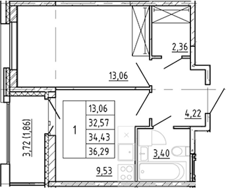 1-комнатная квартира 32.57 м², 11/12 эт., ЖК «Полис Новоселье»